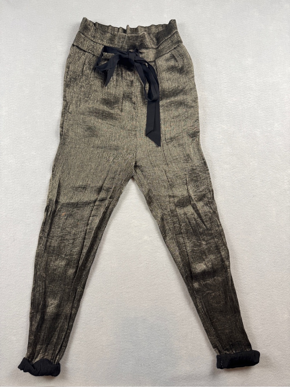 Zara Paperbag Trousers High Waist Gold Metallic Shimmer Jogger Pants Small